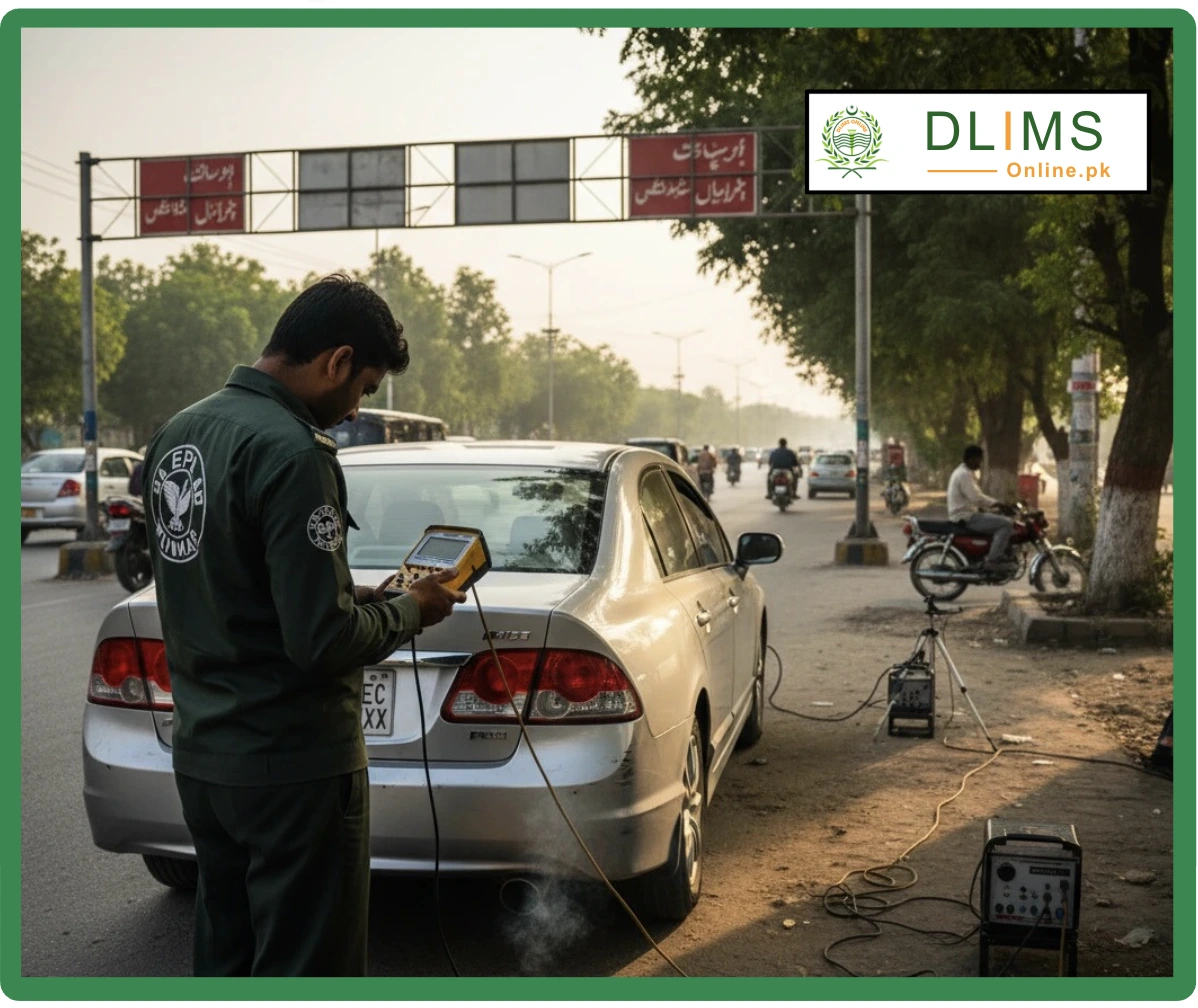DLIMS Online EPA officer performing vehicle emission test Lahore Punjab