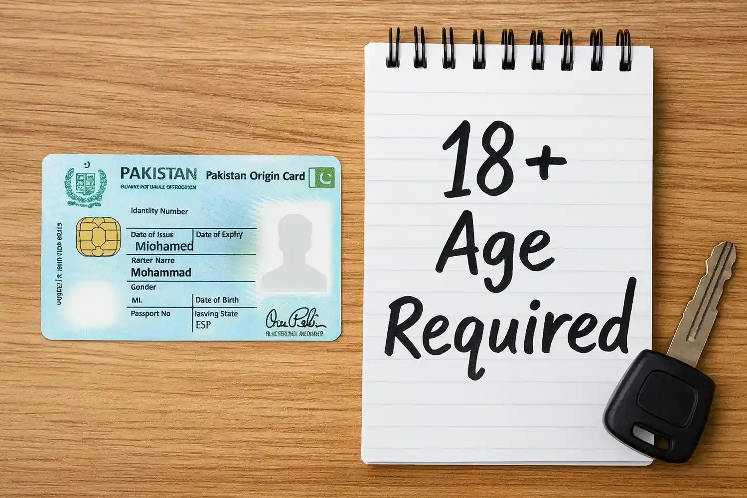 Pakistani CNIC card with a notebook showing 18+ age requirement for applying for bike driving licence in Punjab through DLIMS.
