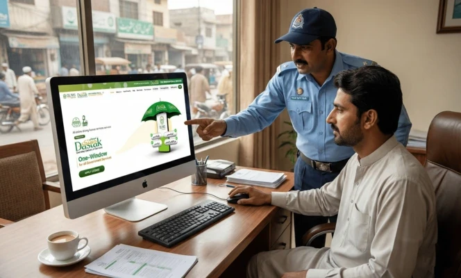 Punjab Traffic Police officer guiding a citizen on DLIMS 2.0 portal for Driving License Renewal in Pakistan.