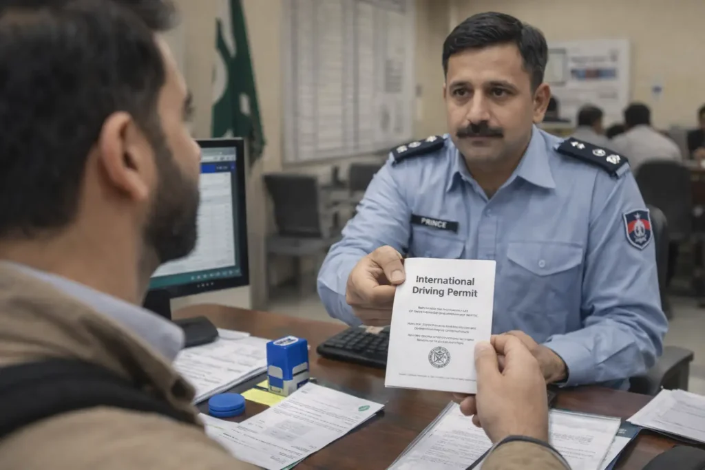 Pakistani traffic police officer issuing International Driving Permit to applicant at official licensing office