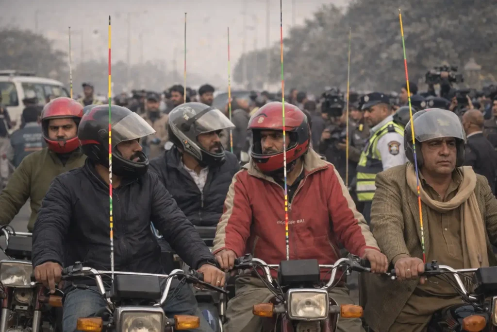 Motorcycle riders wearing helmets with safety rods installed during Basant Lahore 2026 as traffic police enforce new bike safety rules.