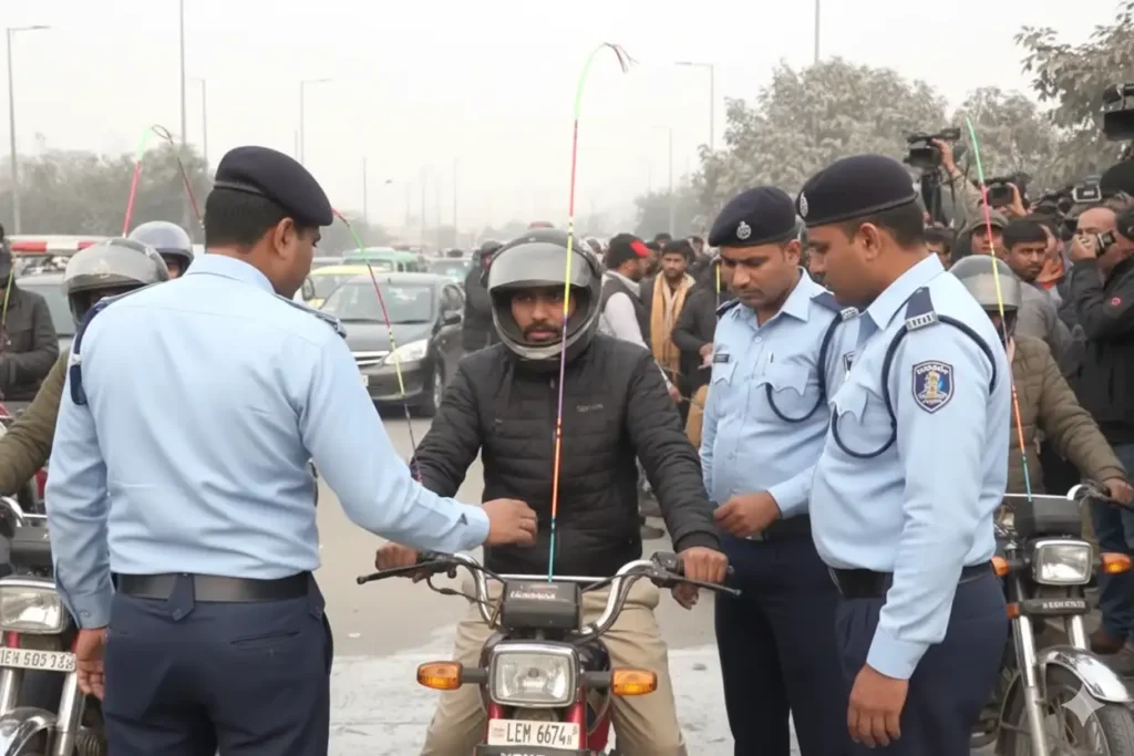 Traffic police checking safety rod and helmet of a motorcycle rider during Basant Lahore 2026.