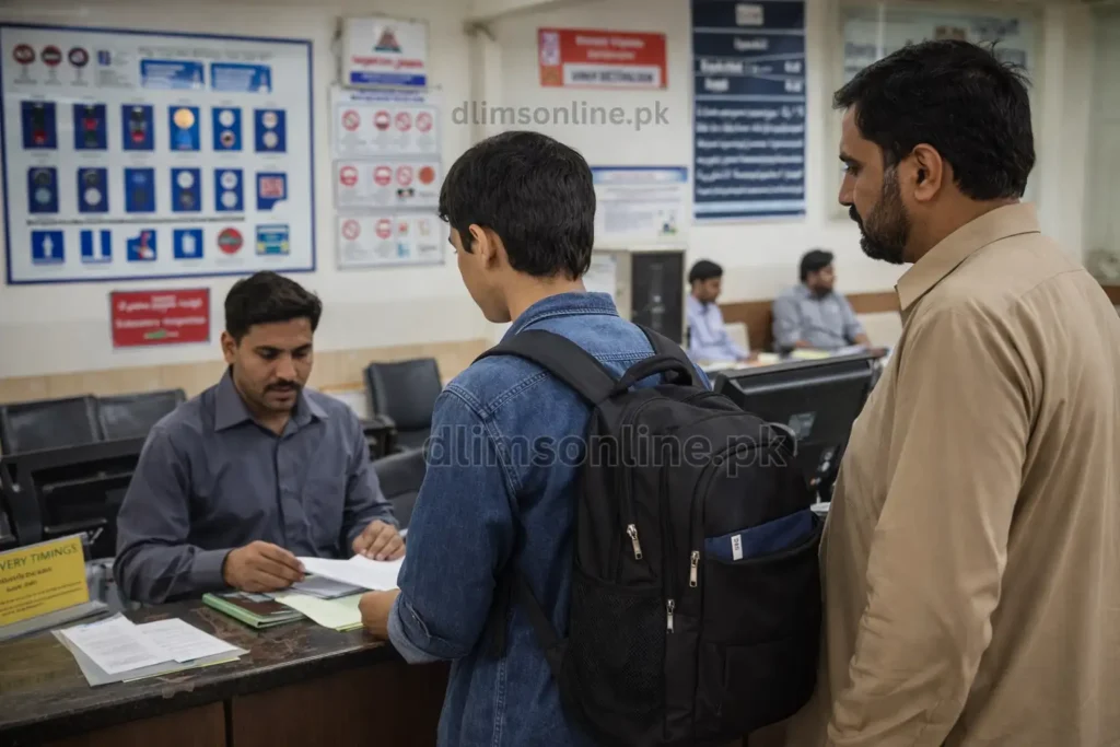 Juvenile Driving Permit Punjab 2026: Can 16-18 Year Olds Legally Ride Bikes? 12 teen student with backpack submitting documents for juvenile driving permit application in Pakistan driving license office.