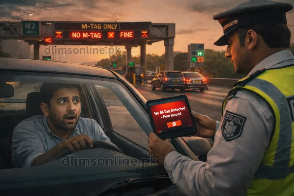 Traffic police stopping car at motorway checkpoint showing No M-Tag detected fine warning on digital tablet in Punjab