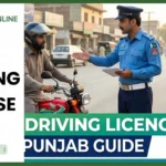 Punjab Traffic Police officer verifying a motorcyclist’s documents with a Honda CD 70 in background, representing DLIMS bike driving licence guide in Punjab.