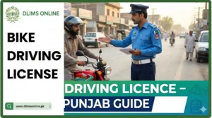 Punjab Traffic Police officer verifying a motorcyclist’s documents with a Honda CD 70 in background, representing DLIMS bike driving licence guide in Punjab.
