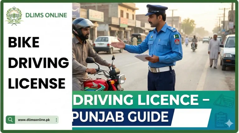 Punjab Traffic Police officer verifying a motorcyclist’s documents with a Honda CD 70 in background, representing DLIMS bike driving licence guide in Punjab.