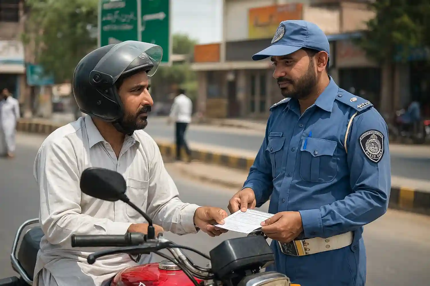 Punjab Traffic Police officer checking a motorcyclist’s documents during roadside license verification in Punjab, Pakistan – Bike Driving License DLIMS.