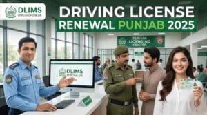Punjab Licensing Center with officer and citizens completing Driving License Renewal Punjab 2025 through DLIMS.