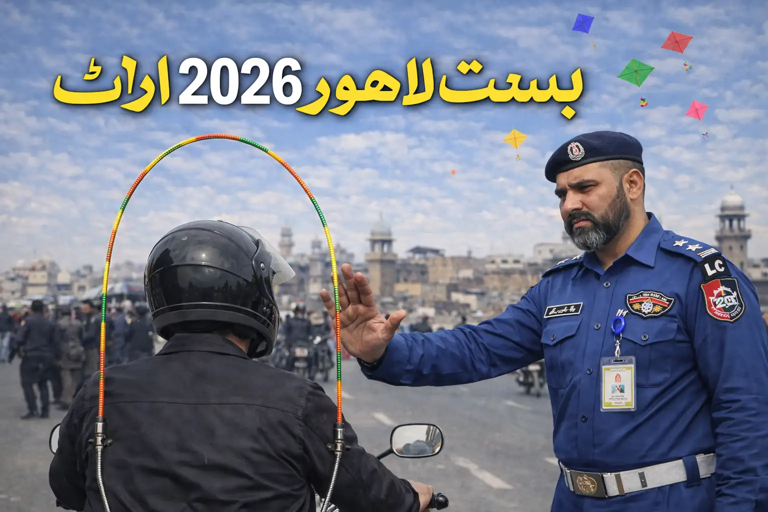 Punjab Traffic Police stopping a motorcycle rider with safety rod during Basant Lahore 2026 enforcement drive.