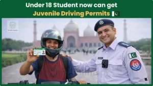Teenage student showing juvenile driving permit with Punjab traffic police officer in Lahore Pakistan under 18 motorcycle license 2026.