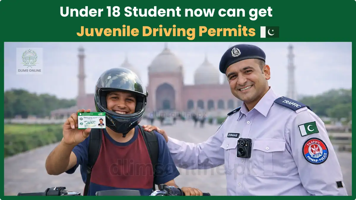 Juvenile Driving Permit Punjab 2026: Can 16-18 Year Olds Legally Ride Bikes? 1 Teenage student showing juvenile driving permit with Punjab traffic police officer in Lahore Pakistan under 18 motorcycle license 2026.