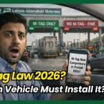 Driver shocked after seeing M-Tag compulsory law Punjab 2026 update on motorway toll plaza while checking if cars bikes and vehicles need M-Tag installation.