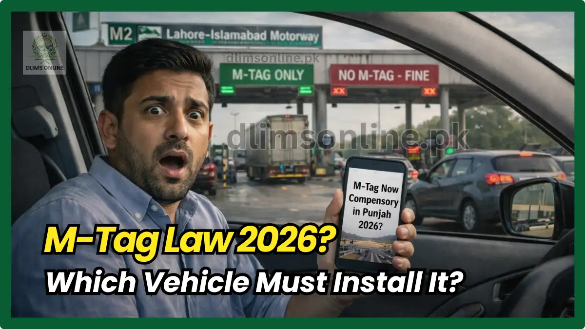 Driver shocked after seeing M-Tag compulsory law Punjab 2026 update on motorway toll plaza while checking if cars bikes and vehicles need M-Tag installation.