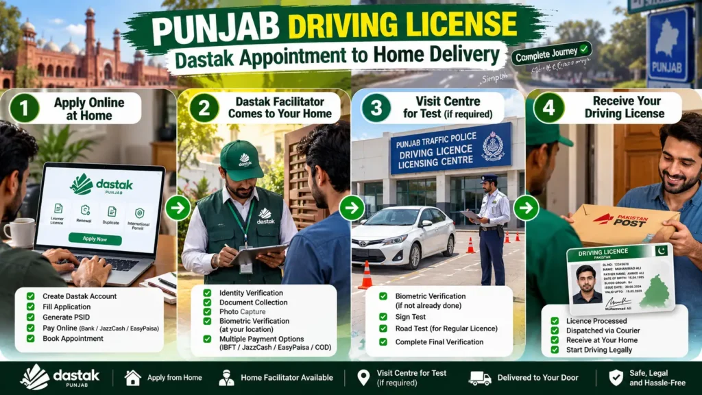 Dastak home facilitator, driving licence appointment, biometric verification, and licence delivery process in Punjab