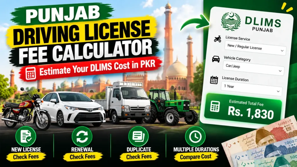 Punjab driving license fee calculator showing estimated DLIMS fees for car, motorcycle, renewal, and duplicate license in PKR.