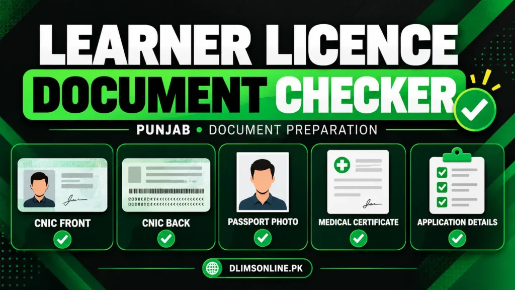 Documents Checker 1 Punjab learner licence document checklist showing CNIC front, CNIC back, photograph, medical certificate and application details